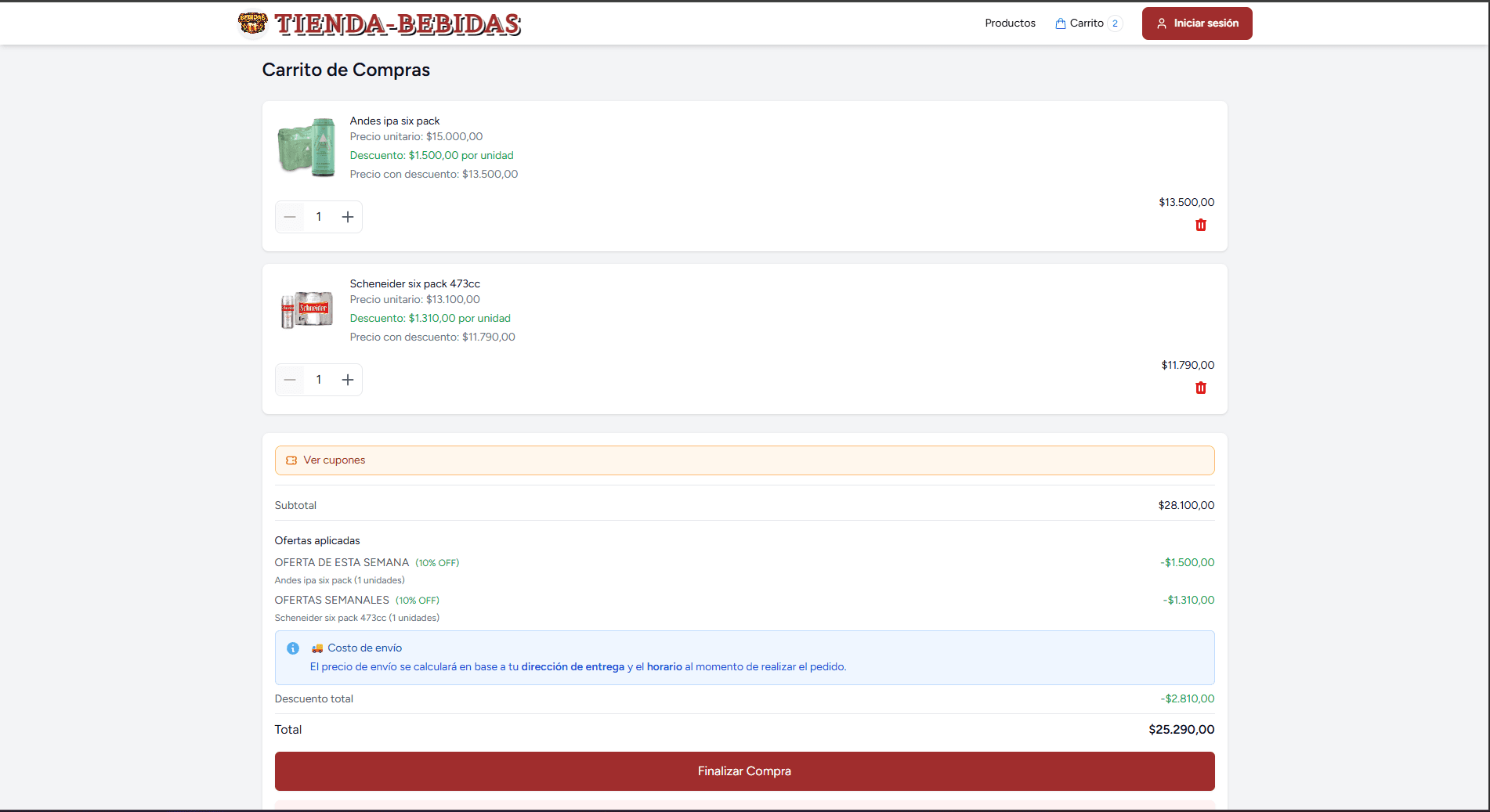 Vista de cupones o beneficios en la tienda online