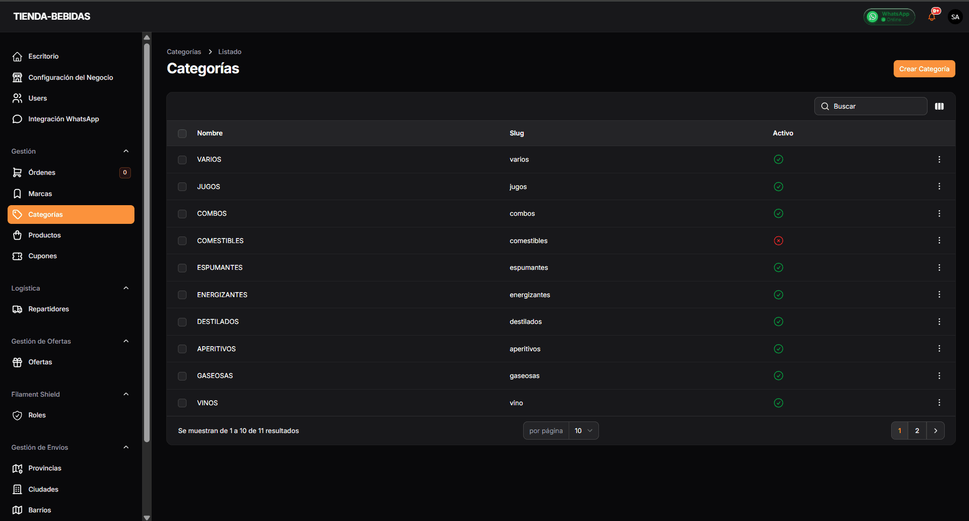 Administración de categorías de productos