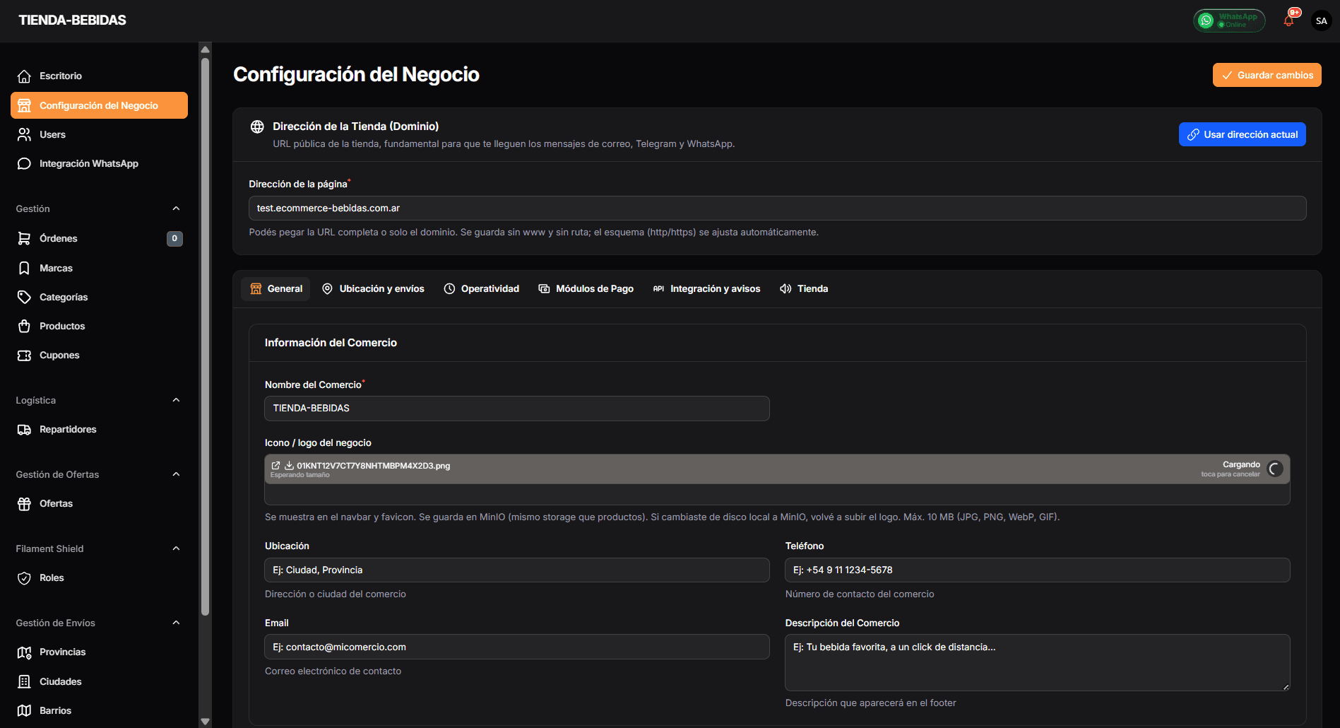 Pantalla de configuración del negocio