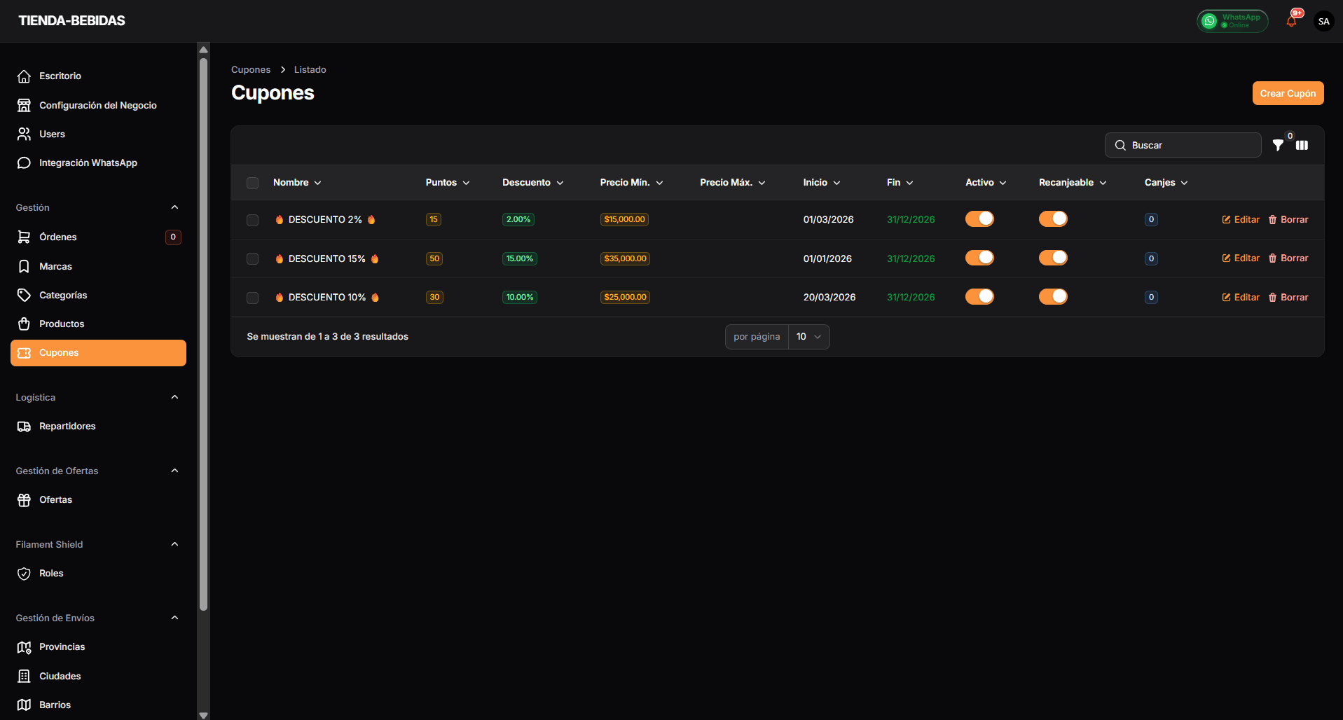 Administración de cupones