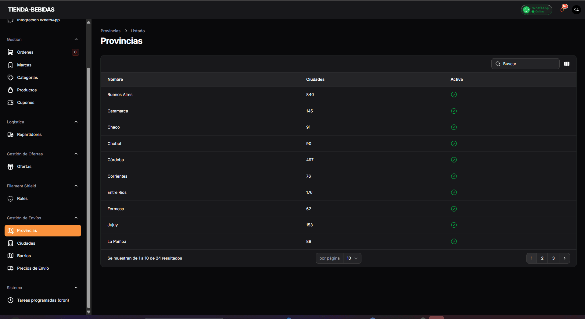 Listado de provincias para envíos