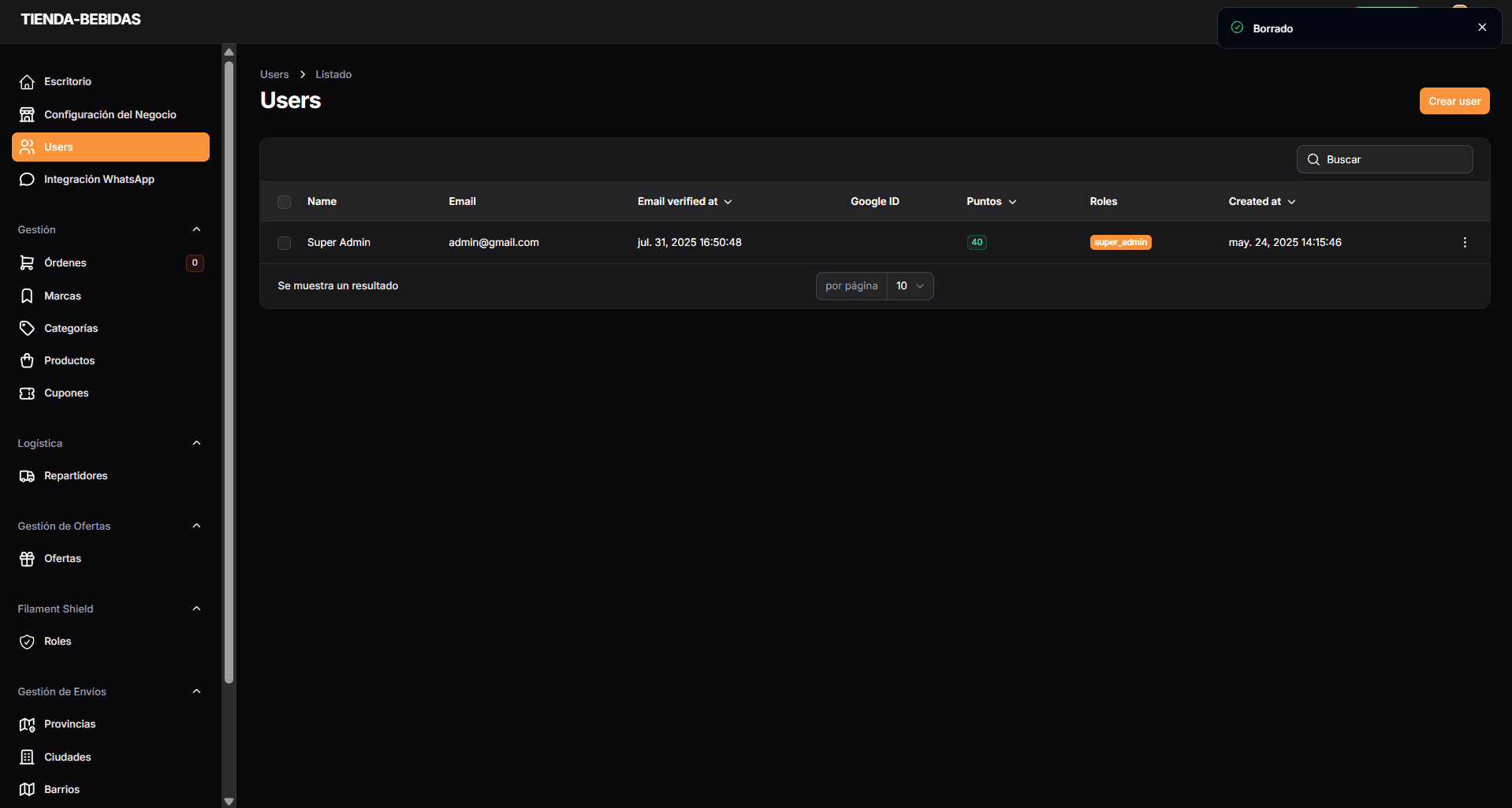 Listado de usuarios del sistema